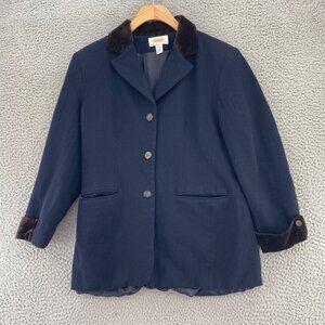 Talbots Coat Womens 8 Petite Navy Worsted Wool Velvet Trim Button Pocket Vintage